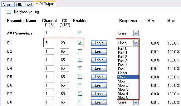 Step 04 - In the MIDI output settings pane, choose the destination MIDI CC and the response curve